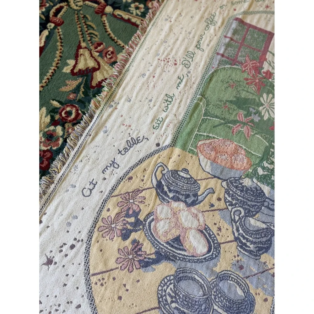 Vintage D Morgan Tea Time Woven Tapestry Throw Blanket Cottagecore‎ Fringe 69x46